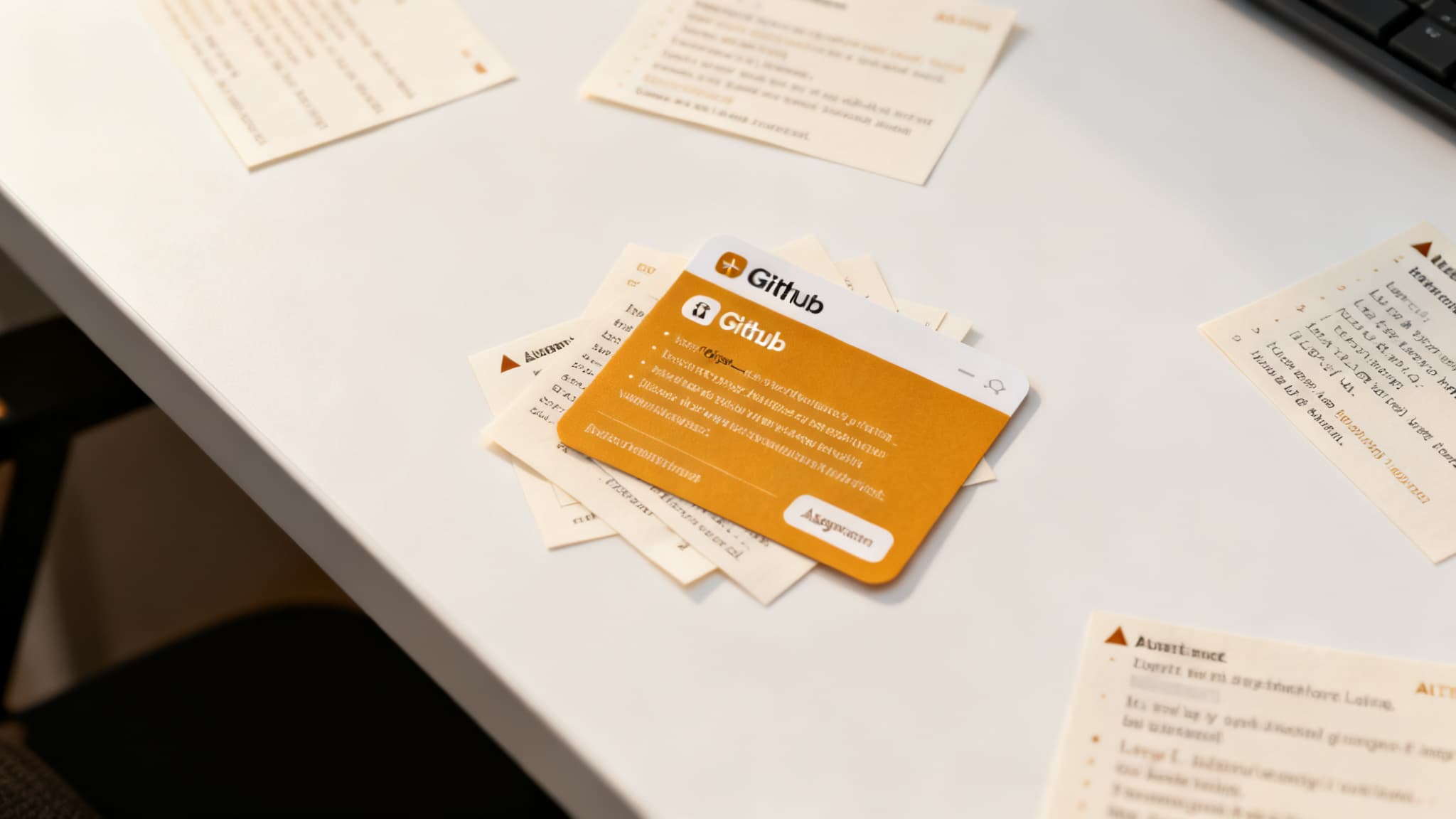 Abstract evidence slips arranged into one amber assignment card